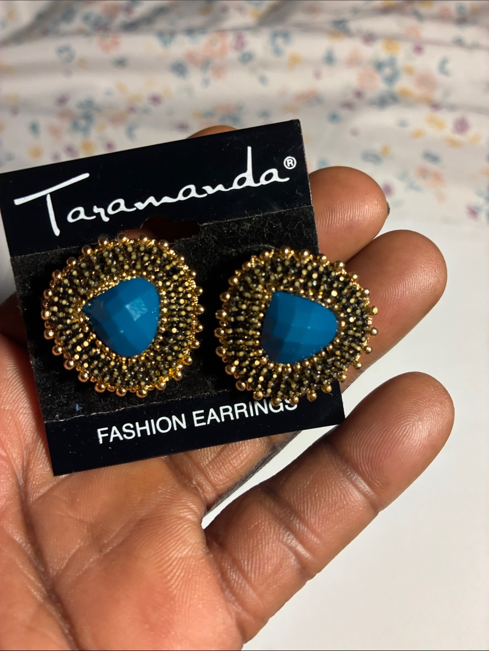 Gold Beaded Earrings with Blue Cabochon
